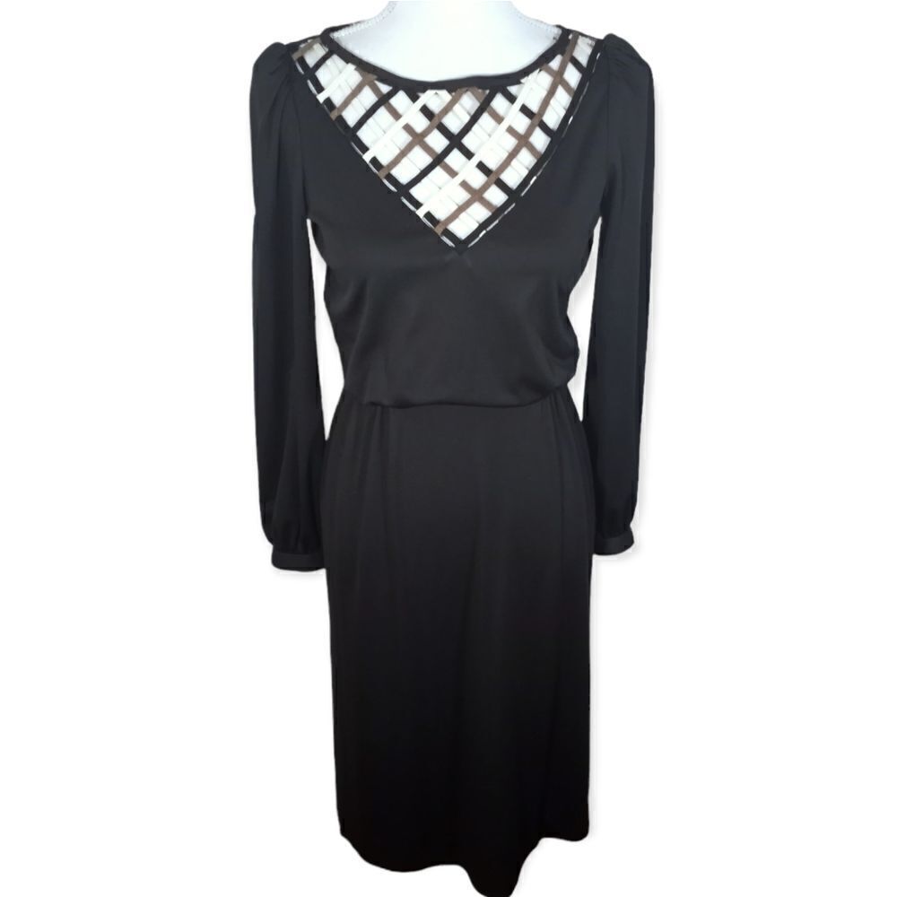 ODDE II BLACK LATTICE LONG SLEEVE DRESS SZ.6 EUC
